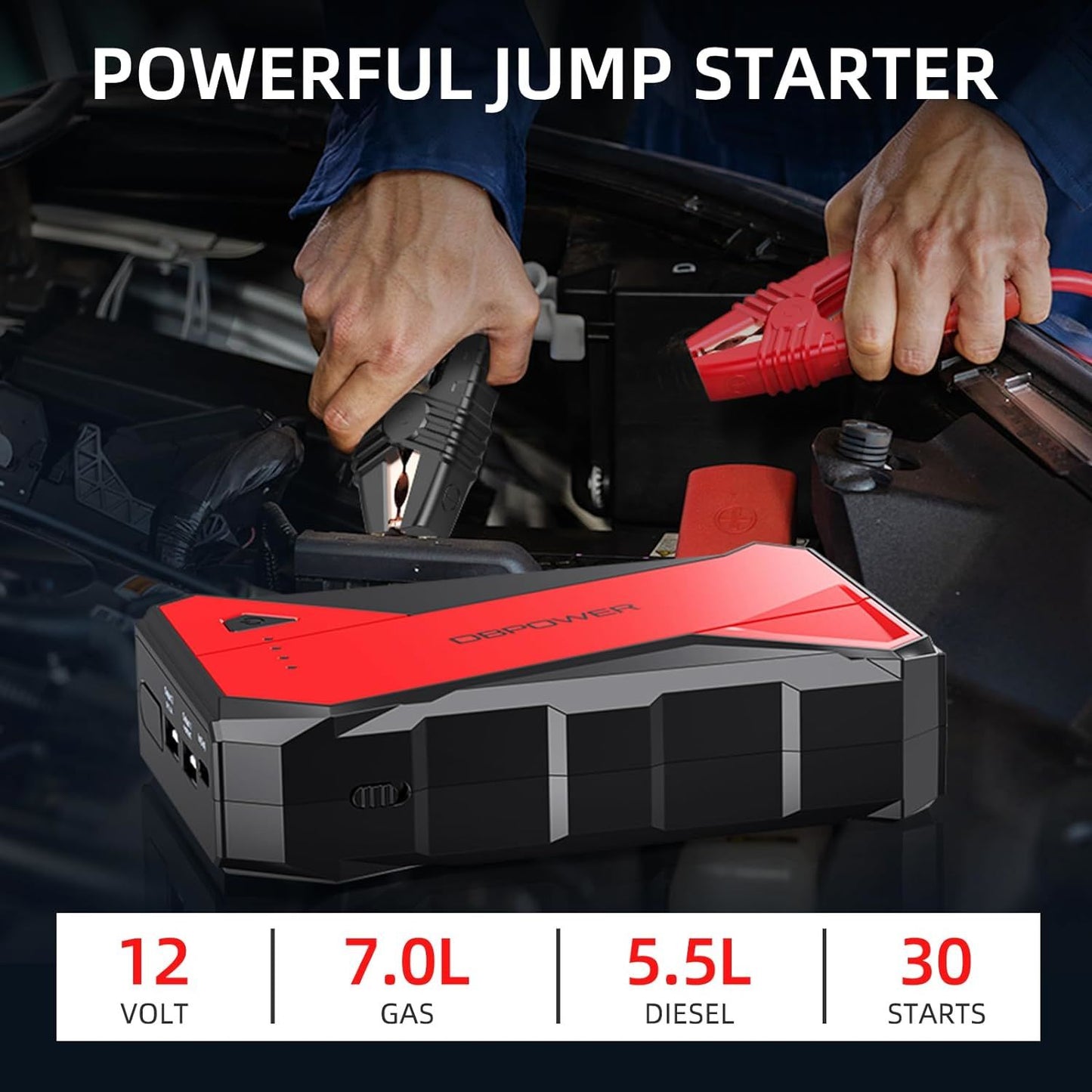 DBPOWER 1000A Portable Car Jump Starter – 12V Lithium-Ion Battery Booster for Up to 7.0L Gas & 5.5L Diesel Engines with LCD Screen, USB Quick Charge, and LED Flashlight