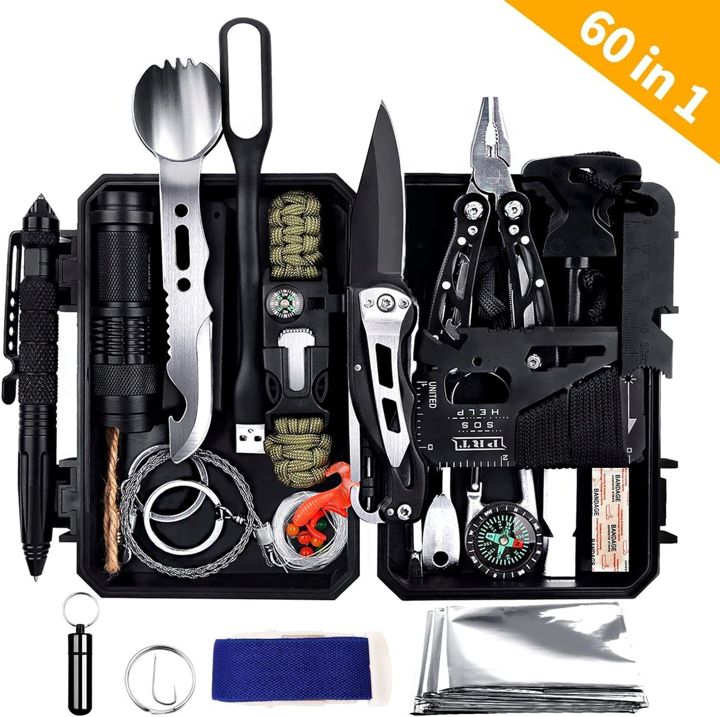 ANTARCTICA 60-in-1 Emergency Survival Gear Kit – All-in-One Outdoor Tool with Bracelet, Whistle, Flashlight, Pliers, Pen, Wire Saw for Camping, Hiking, Climbing, and Car Emergencies