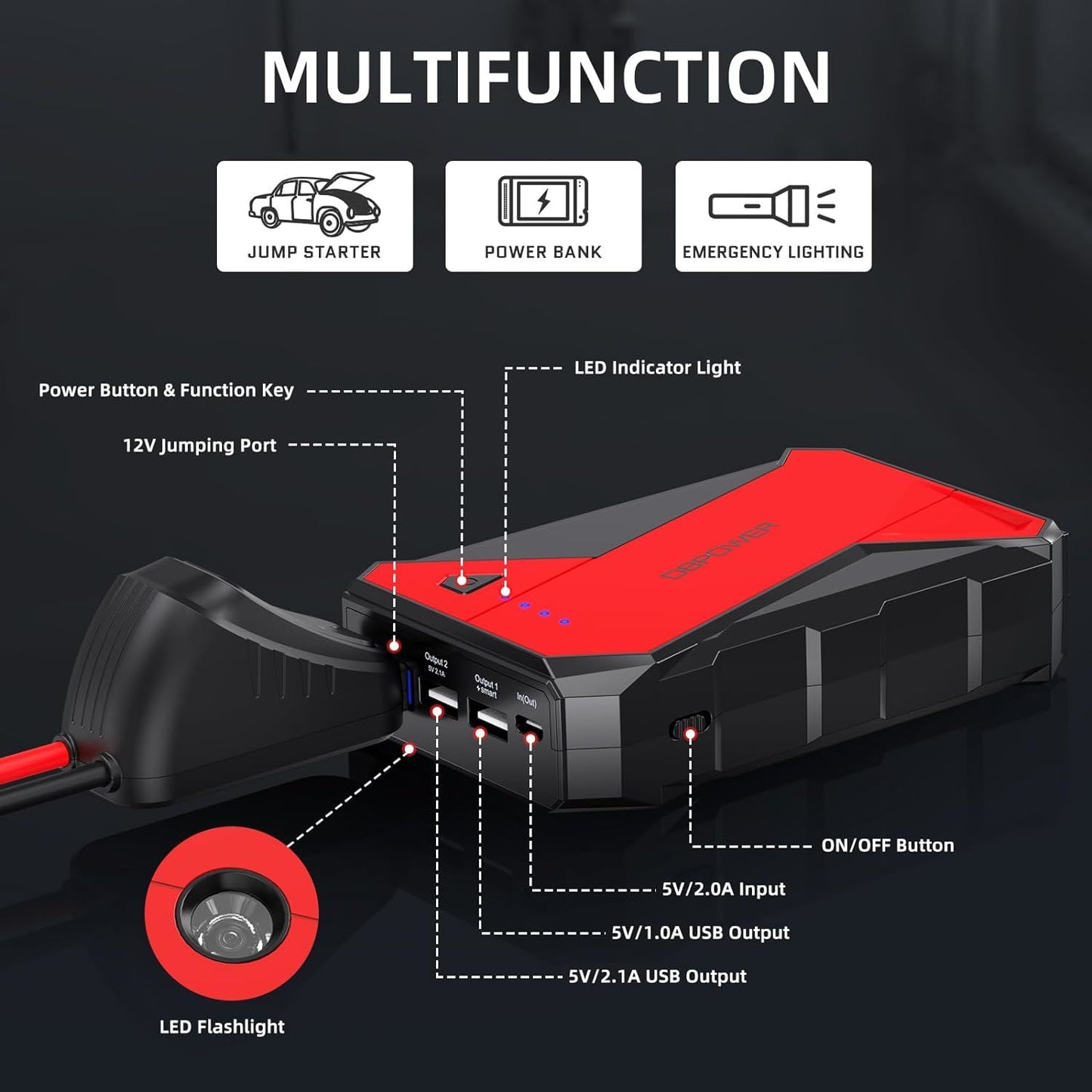 DBPOWER 1000A Portable Car Jump Starter – 12V Lithium-Ion Battery Booster for Up to 7.0L Gas & 5.5L Diesel Engines with LCD Screen, USB Quick Charge, and LED Flashlight