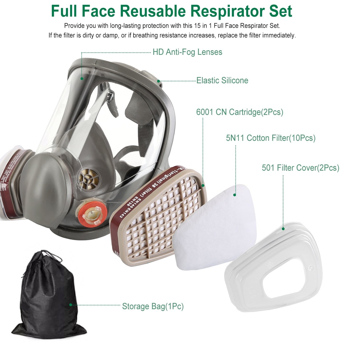 Survival Full Face Respirator Mask 6800 – Reusable Gas Mask with 15-in-1 Set & Storage Bag for Emergency Protection Against Gases, Dust, and Vapors for Welding, Sanding, and Cutting