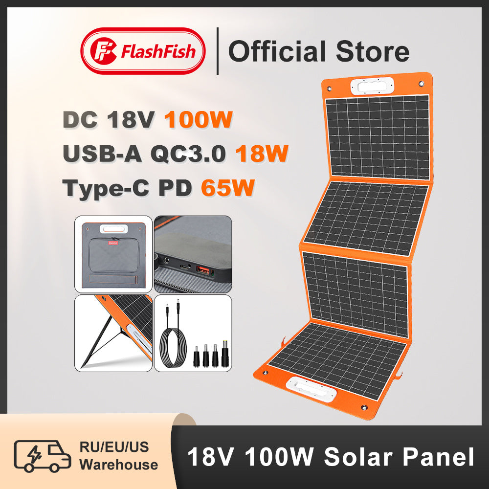 Flashfish 18V 100W Foldable Solar Panel – Portable Solar Charger with DC Output, PD Type-C, & QC3.0 for Phones, Tablets, Camping, and RV Trips