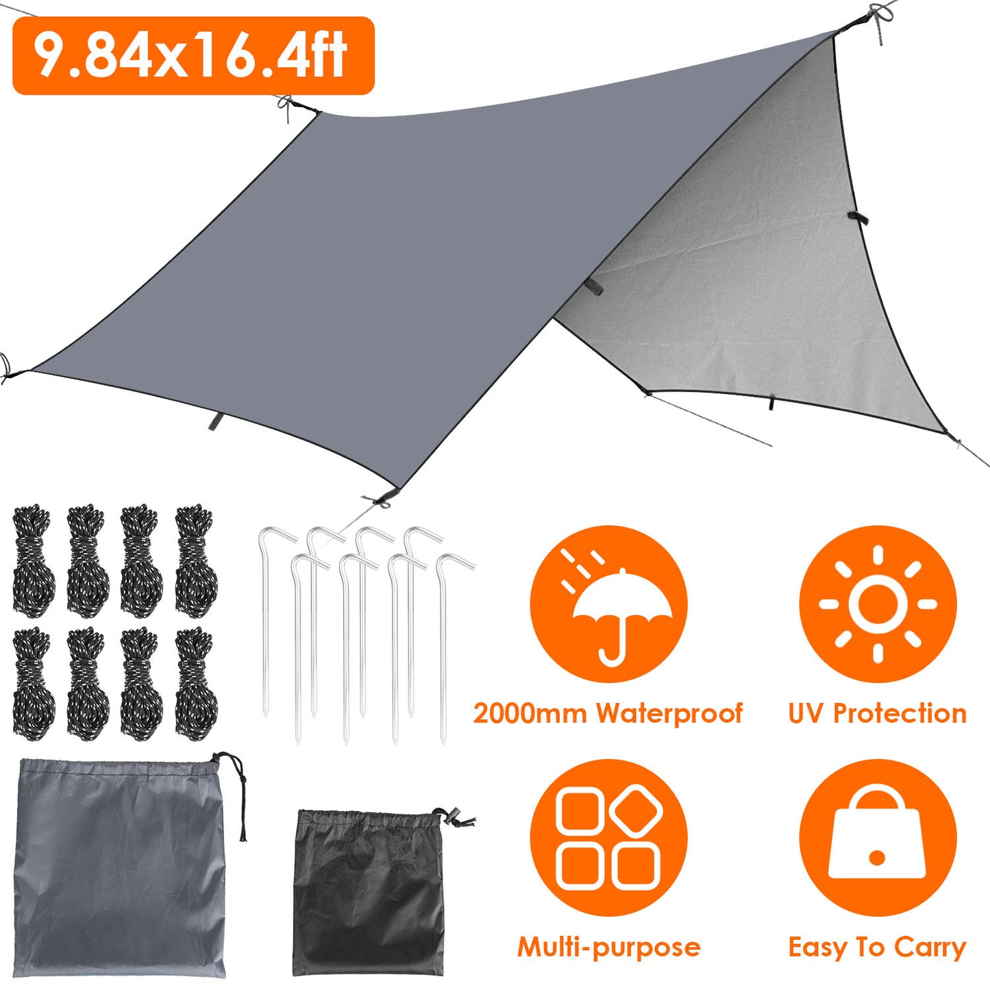 Waterproof Camping Tarp Kit – Versatile Tent Canopy Rain Fly Awning Shelter for Outdoor Picnics, Hammocks, Hiking, Backpacking, and UV Protection