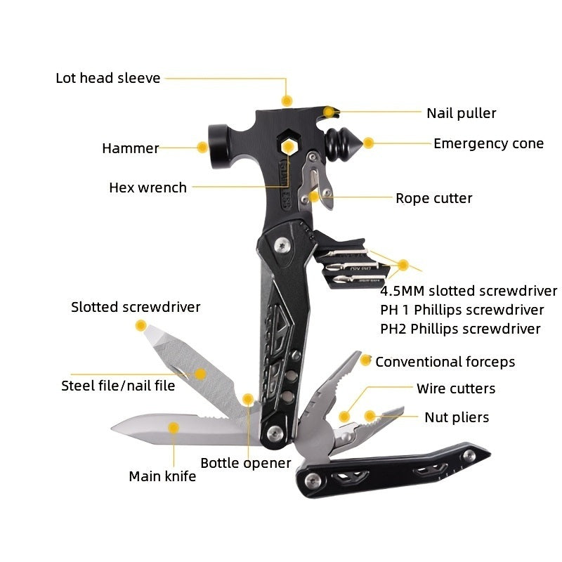 Portable Mini Multi Tool Break Hammer – Car Window Glass Safety Emergency Hammer with Knife, Pliers, and Multitool for Camping, Hiking, and Climbing