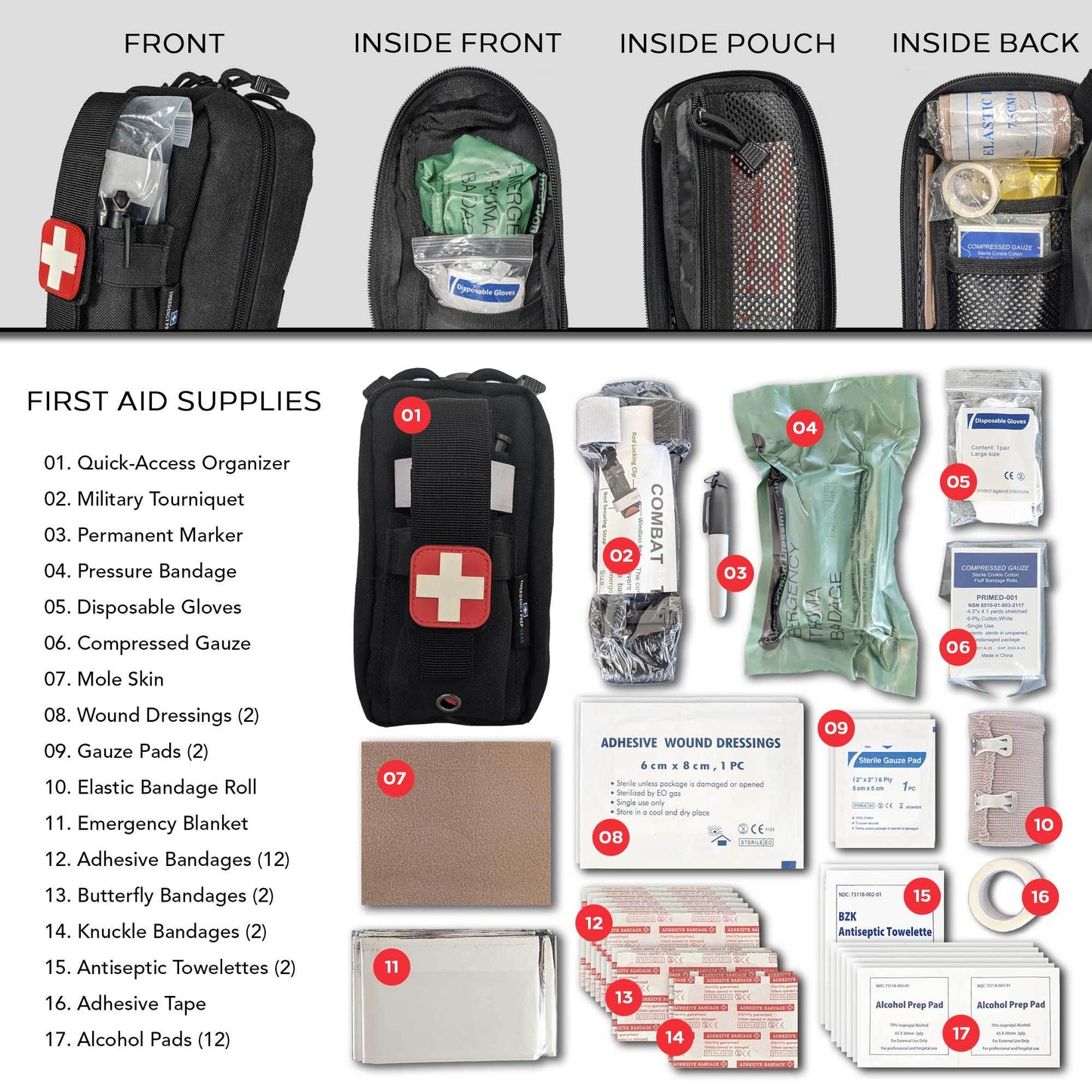 Field First Aid Kit (IFAK) | 44-Piece Compact Personal First Aid Kit for Backpacking, Camping, Emergency, Travel, Tactical, Go Bag, Bug Out Bag, and 72 Hour Kit Essentials